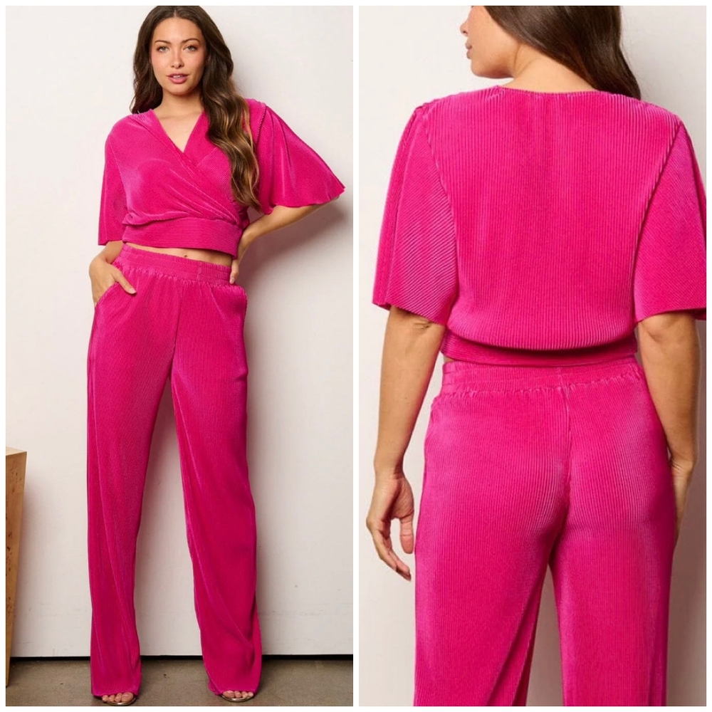 Ellison Hot Pink  Wrap Crop Top & Wide-Leg Pants Set - Picture 3 of 5
